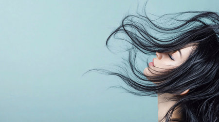 In a tranquil environment, a woman is immersed in the act of washing her hair, allowing her long hair to flow freely as water drizzles gently. Her facial expression shows relaxation and bliss.の素材