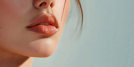 A young girl with beautifully defined lips stands in a bright, modern dermatology clinic. Her flawless skin emphasizes the artistry of cosmetology techniques applied to enhance natural beauty.の素材
