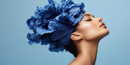 A model showcases a bold blue flower headpiece against a soft blue backdrop, capturing attention in a striking and artistic display related to cosmetology and beauty trends.の素材