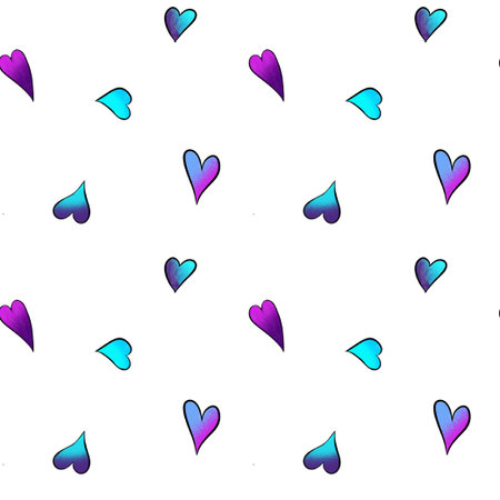 A pattern of hearts in pink and blue colors appears on a white surface. The hearts are arranged...