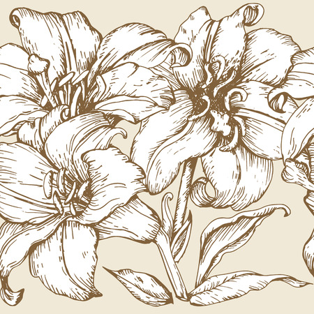 Beautiful seamless background with lilies hand-drawing. Vector seamless floral pattern.の写真素材