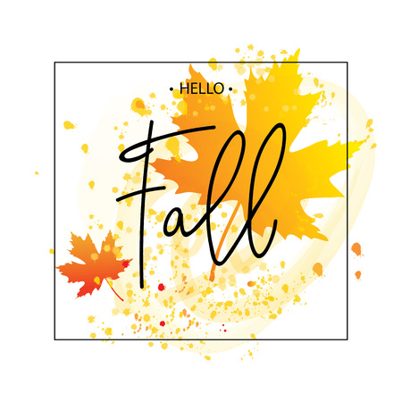 Hello Fall autumn leaves lettering in frame. Vector illustration.のイラスト素材
