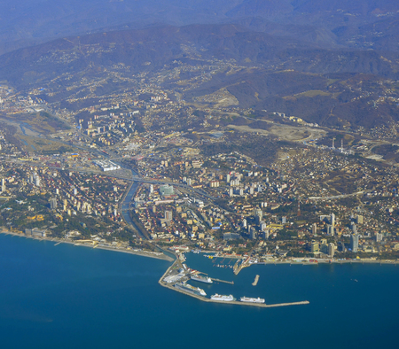 Aerial view of Sochi. Mountains, Sky and Sea. Black Sea.の写真素材