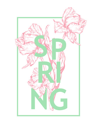 Inscription Spring on background with hand drawn flowers. Vector illustration.のイラスト素材