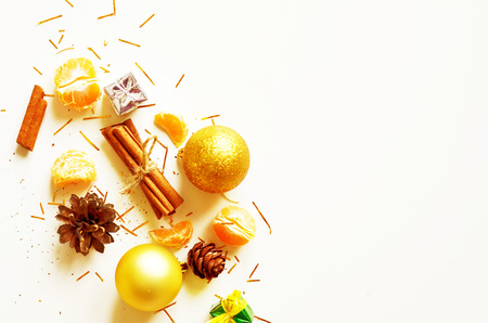 Christmas decorations. Christmas card for the holiday season. Top view with copy spaceの写真素材