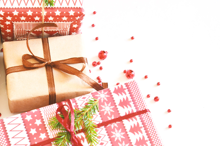 Christmas  background with gift boxes for the holiday. Top view with copy spaceの写真素材