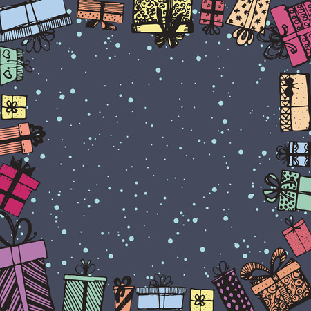 Frame made of gifts. Vector template of magazines, posters, book cover .Gifts around ad. Shopping sale banner. Hand drawn. Vector illustrationのイラスト素材