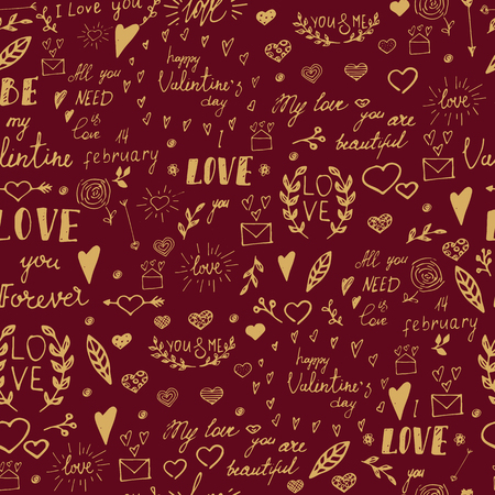 Seamless pattern with drawn design elements for Valentine's day. Hand drawn. Vector illustrationのイラスト素材