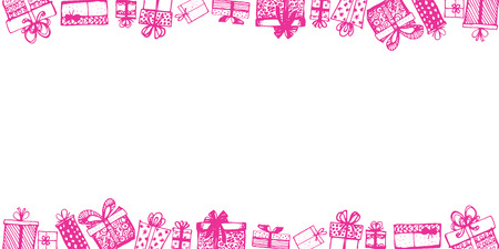Frame made of gifts. Vector template of magazines, posters. Gifts around ad. Shopping sale banner. Hand drawn. Vector illustrationのイラスト素材