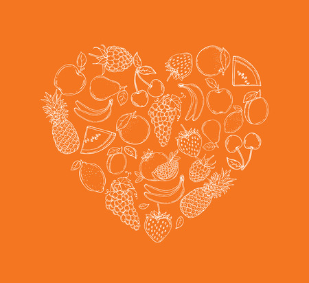 Stylized images of fruits in the shape of a heart.  Vector illustration. Hand drawn.のイラスト素材