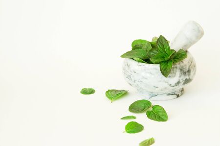 Fresh mint leafs in marble mortar bowl. - Image