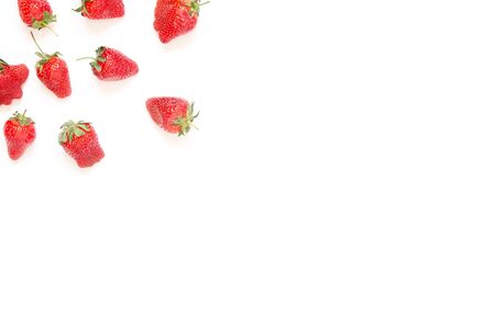 Creative fresh strawberries pattern background with copy space. Food concept.  Top view. - Image.の写真素材