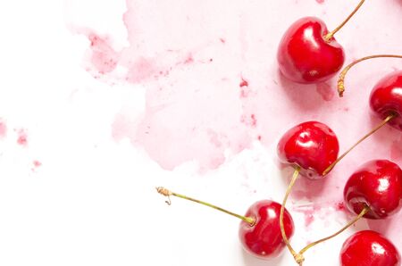 Creative fresh cherry pattern background with copy space. Food concept.  Top view. - Imageの写真素材