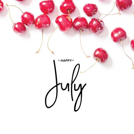 Inscription Happy July. Creative fresh cherry pattern background. - Imageの写真素材