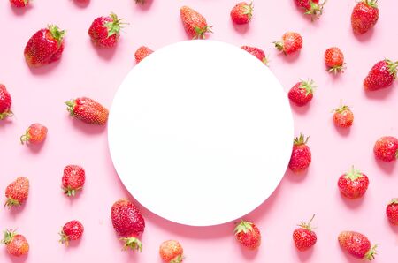 Creative layout of strawberry with space for text on white paper. Mockup. View from above. - Imageの写真素材
