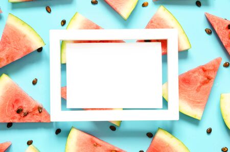 Fresh red watermelon slice Isolated light blue background.  Summer concept.Top view, Flat lay, Copy space. - Imageの写真素材