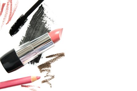 Different makeup products on white background, top view. The concept of fashion and beauty industry. Copy space. - Imageの写真素材
