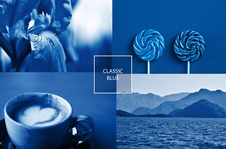Collage toned in trendy Classic Blue color of the Year 2020. - Imageの写真素材