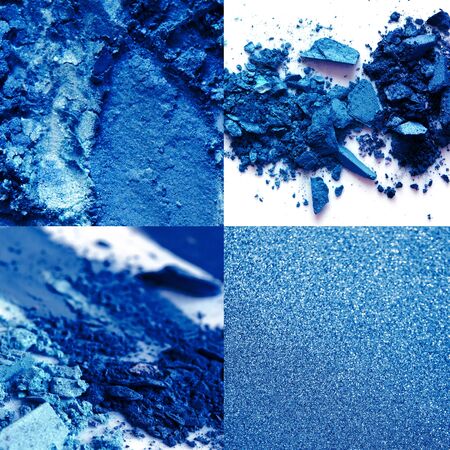 Collage of Eyeshadow and blue sparkles. Color of the year 2020 Classic Blue. - Imageの写真素材