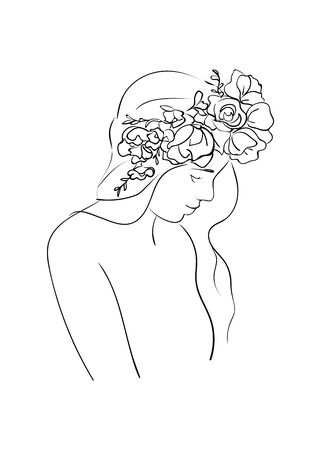 Portrait of young beautiful woman with flowers in long hair.  Line drawing. Vector illustration.のイラスト素材