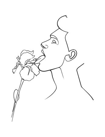 Line drawing. Man tongue licks a iris flower. - Vector illustrationのイラスト素材