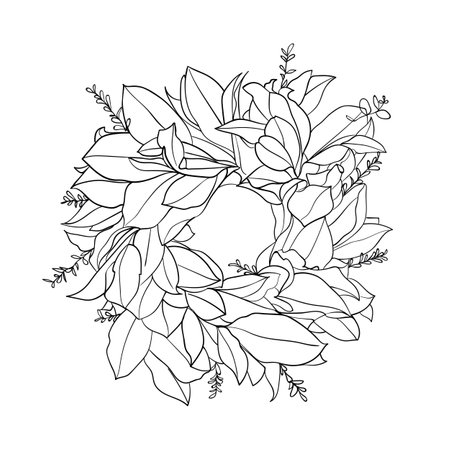Wreath with leaves, round frame, isolated on white background. Art line. For wedding invitations, greeting, Christmas cards. - Vector illustrationのイラスト素材
