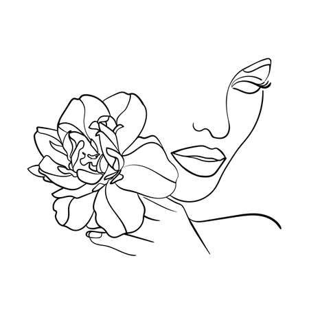 Portrait, face with flower. Simple, minimalist vector illustration of beautiful woman. Line drawingのイラスト素材