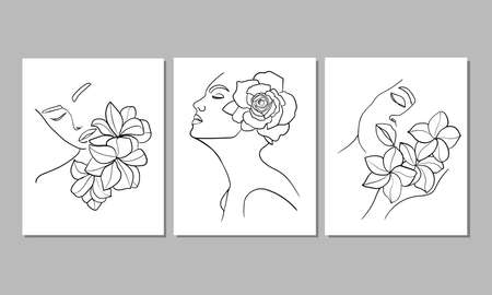 Set of three portrait, face with flower. Simple, minimalist vector illustration of beautiful woman. Line drawingのイラスト素材