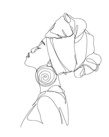 Abstract portrait of young African woman in minimalistic modern style. Line drawing. - Vector illustrationのイラスト素材