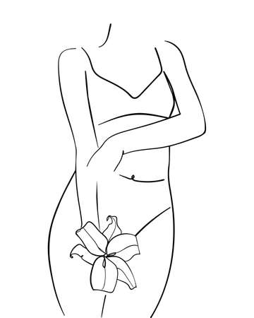 Beautiful woman body with lily flower, line Art. Concept of body care. - Vector illustrationのイラスト素材