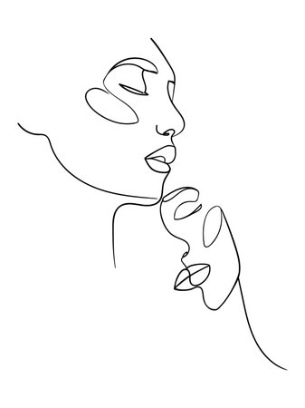 Loving couple, black line drawing. - Vector illustrationのイラスト素材