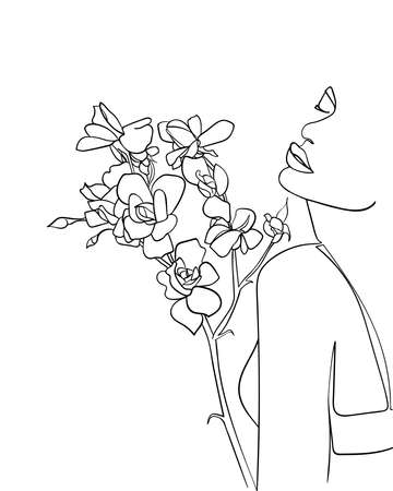 Beautiful woman face with rose flower, line Art. Concept of love for nature - Vector illustrationのイラスト素材