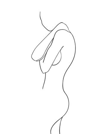 Continuous line, drawing of beauty woman hugging herself with crosed hands. Minimalism style. - Vector illustrationのイラスト素材