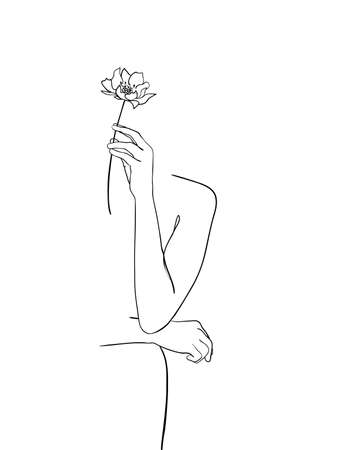 Line drawing woman with flower. - Vector illustrationのイラスト素材
