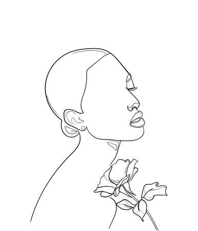 Beautiful woman face with rose flower, line Art. Concept of love for nature - Vector illustrationのイラスト素材