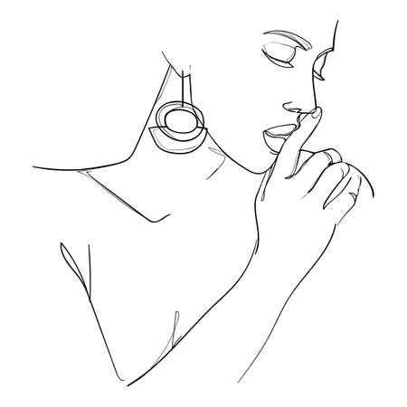 Minimal line art woman with hand on face. Black Lines Drawing. - Vector illustrationのイラスト素材