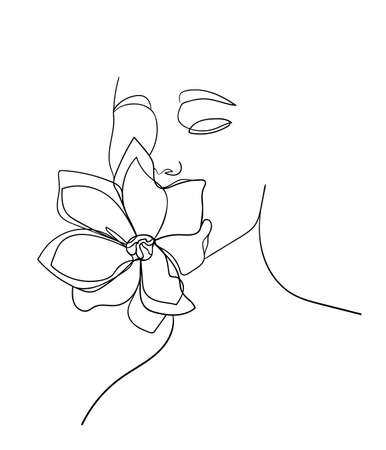 Beauty face with flower magnolia line drawing art. Abstract minimal portrait. - Vector illustrationのイラスト素材