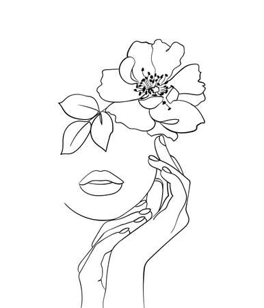 Beauty face with flower rosehip line drawing art. Abstract minimal portrait. - Vector illustrationのイラスト素材