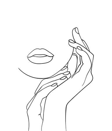 Minimal line art woman with hand on face. Black Lines Drawing. - Vector illustrationのイラスト素材