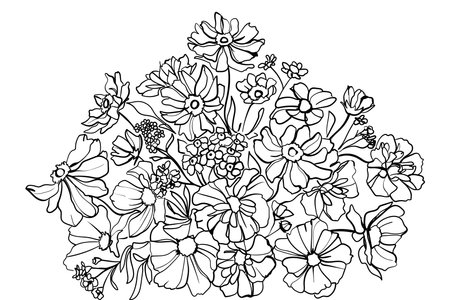 Floral arrangement of blooming flowers for decorating a greeting cards. Line art. - Vector illustrationのイラスト素材