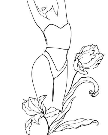 Black line silhouettes of female body in underwear with flowers tulips. - Vector illustrationのイラスト素材