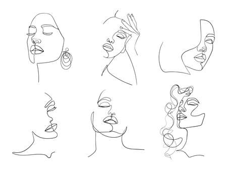 Set of six portrait. Simple, minimalist vector illustration of beautiful woman face. Line drawing.のイラスト素材