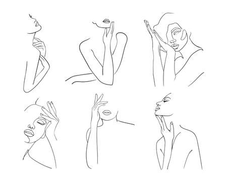 Set of minimal line art womans with hand on face. Black Lines Drawing. - Vector illustrationのイラスト素材