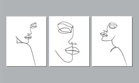 Set of three portrait. Simple, minimalist vector illustration of beautiful woman face. Line drawing.のイラスト素材