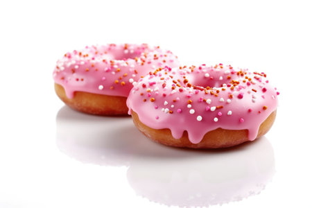 Two pink donuts on a white background. Created with Generative AI technology.の素材