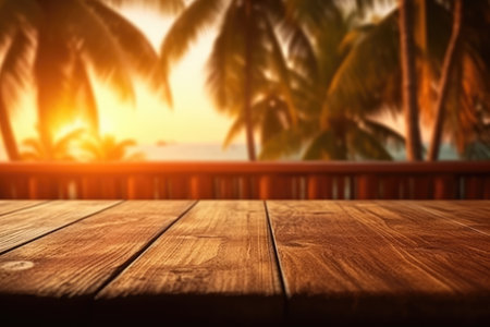 An empty wooden counter table top for product display. Tropical summer sunset beach bar background. Made with Generative AIの素材