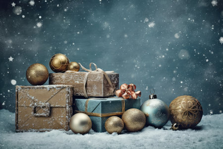 Christmas banner background vintage gift boxes and balls. Generative AI.の素材