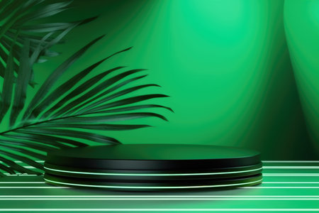 Abstract green background with palm leaves. Podium for the presentation of a product. Banner. Generative AI.の素材