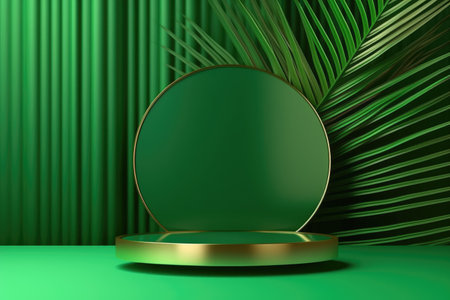 Abstract green background with palm leaves. Podium for the presentation of a product. Banner. Generative AI.の素材