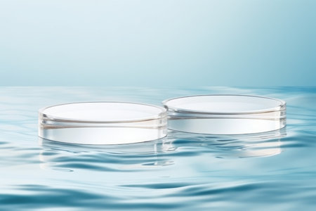 Two empty clear white circle podiums on transparent calm water texture. Abstract background for product presentation. Generative AI.の素材